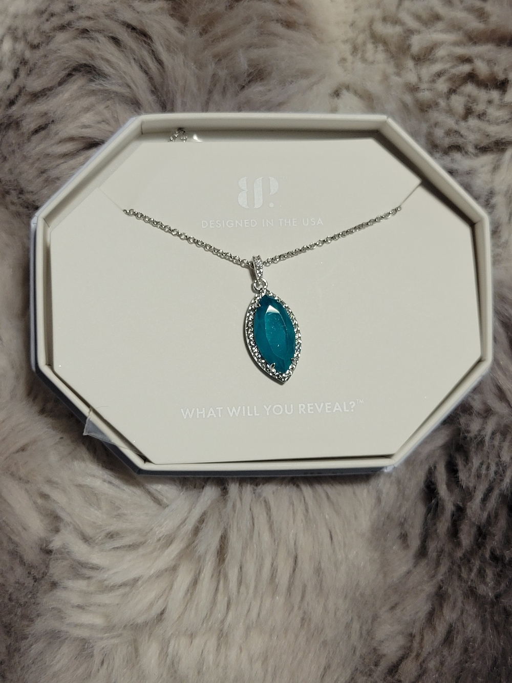 Silver Pendant Necklace with Teal Marquise Stone